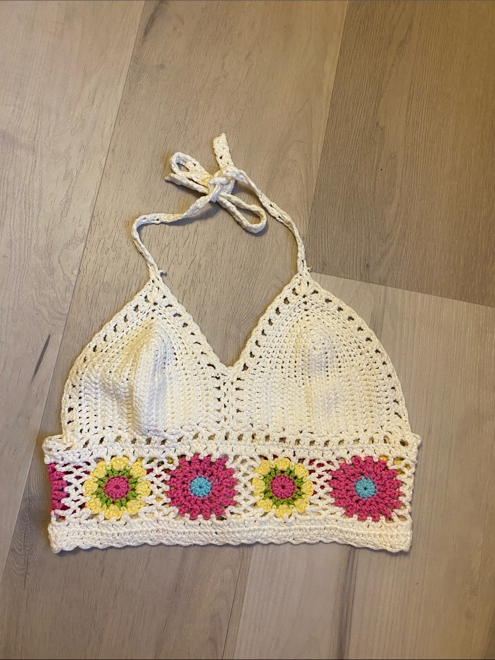 Rebellion Crochet Floral Granny Square Halter Crop Top - Size M